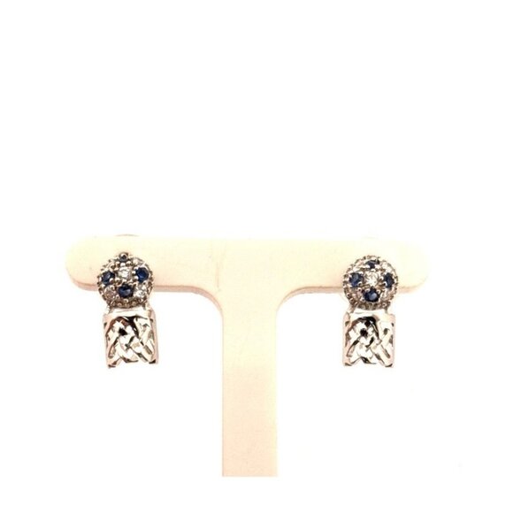 Sterling Silver 925 Sapphire Cluster Earrings with Lattice Design, 3.88g, Elegan - Picture 6 of 12